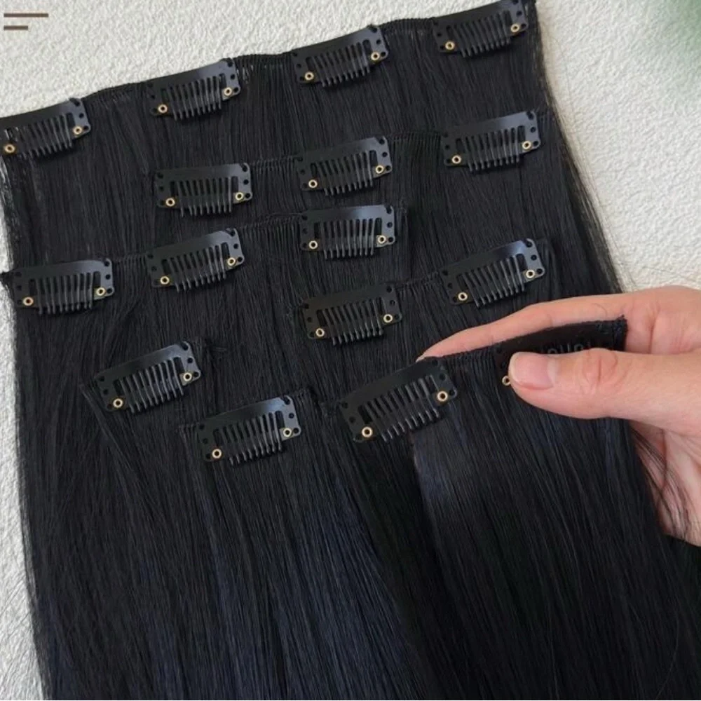 Human hair blend 24 Inch Clip in Long Black Thick straight Hair Extensions
